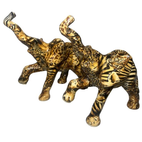 Lot of 2 La Vie Trunk Up Elephant Figurine Safari Animal Print Patchwork Ceramic - Picture 7 of 17